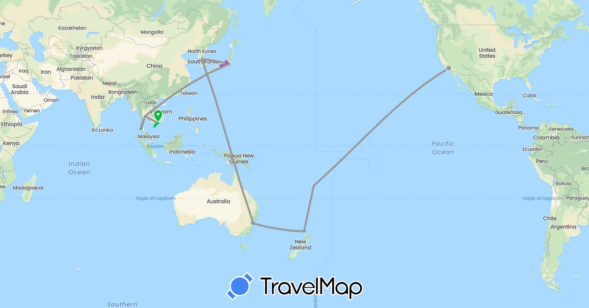 TravelMap itinerary: driving, bus, plane, train, boat in Australia, Fiji, Japan, South Korea, New Zealand, Thailand, United States (Asia, North America, Oceania)